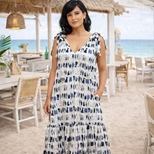 NWT Banana Republic Abstract Print Tie Shoulder Flowy Tiered Maxi Dress Tall XL